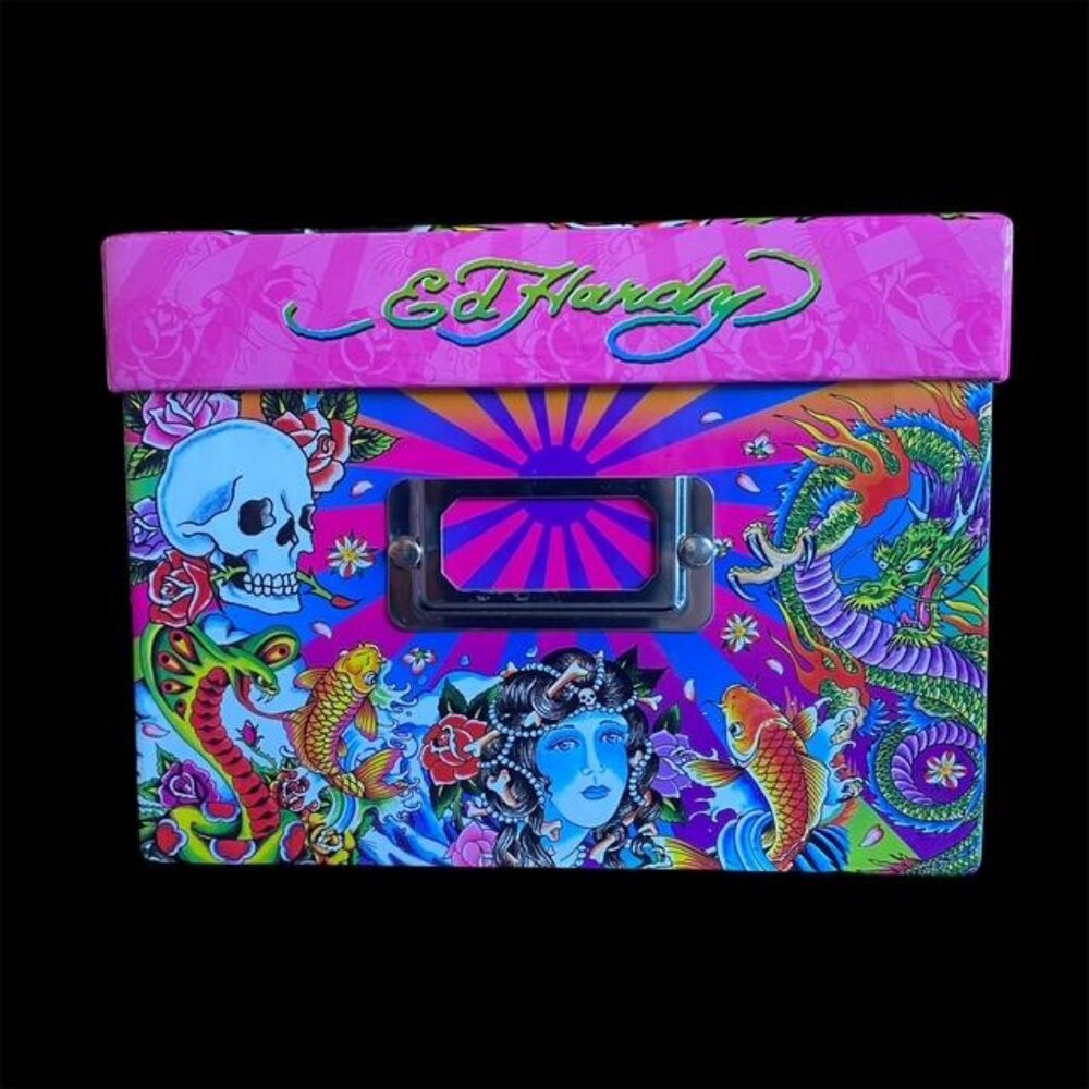Vintage Lisa Frank Ed Hardy Coy Fish Skulls Storage Box Stationary Cards RARE